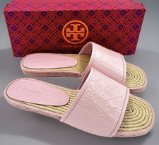TORY BURCH T MONOGRAM ESPADRILLE SLIDE EMBOSSED PATENT LEATHER PETUNIA SZ 7 NIB