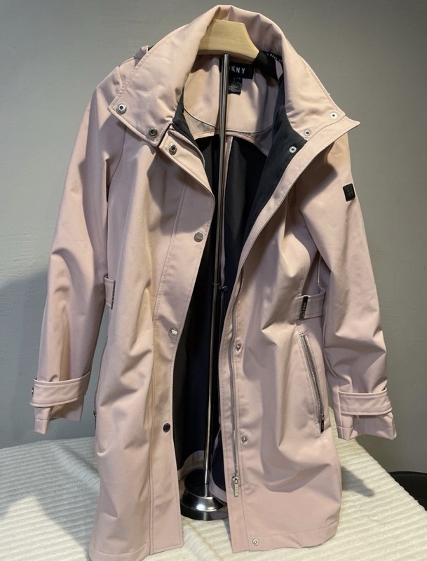 DKNY Women’s Small Softshell Trench Coat Light Pink Hooded Rain Jacket Full Zip