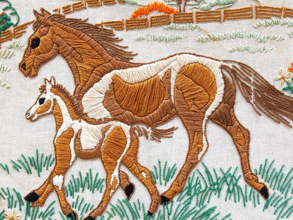 Vintage Crewel Embroidery Handmade Artwork Mare & Foal Nature Horses 14x18 MCM - Image 2 of 4