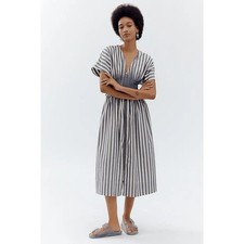 New Anthropologie V-Neck Zip-Front Midi Dress $180 X-SMALL Blue Stripe