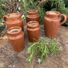 Old Fashioned 2 Glazed Cream Jugs & 3 Vintage Dairy Pots Stoneware