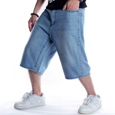 Mens Denim Shorts Loose Hip Hop Cropped Jeans Blue Skateboard Short Pants Casual