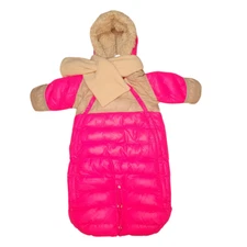 7 A.M. Enfant Pink & Tan Infant Snowsuit - Side Zips, Bottom Snaps, Faux Fur