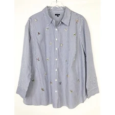 Talbots Top Womens 2X Blue White Striped Button Up Embellished Rhinestones Artsy