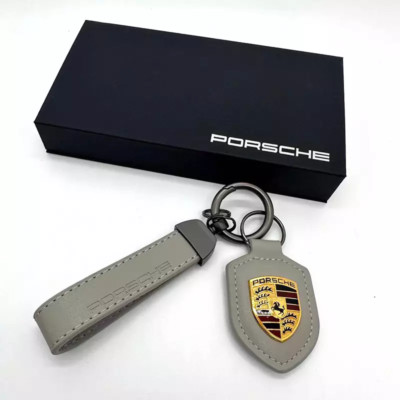 Leather Porsche Premium Keychain with Box Exquisite Set for gift-Gray