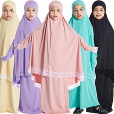 Muslim Children Kids Girls Prayer Dress Khimar Set Islam Kaftan Abaya Arab Robe