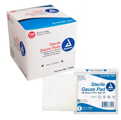 Dynarex Sterile Gauze Pads 4'' x 4'' 12-Ply Box of 100