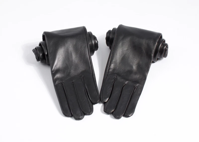Guantes largos negros de cuero de oveja de piel de cordero real para mujer Foto 4 de 4