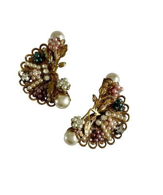 Miriam Haskell Pearl Crystal Rhinestone Clip Crescent Filigree Earrings