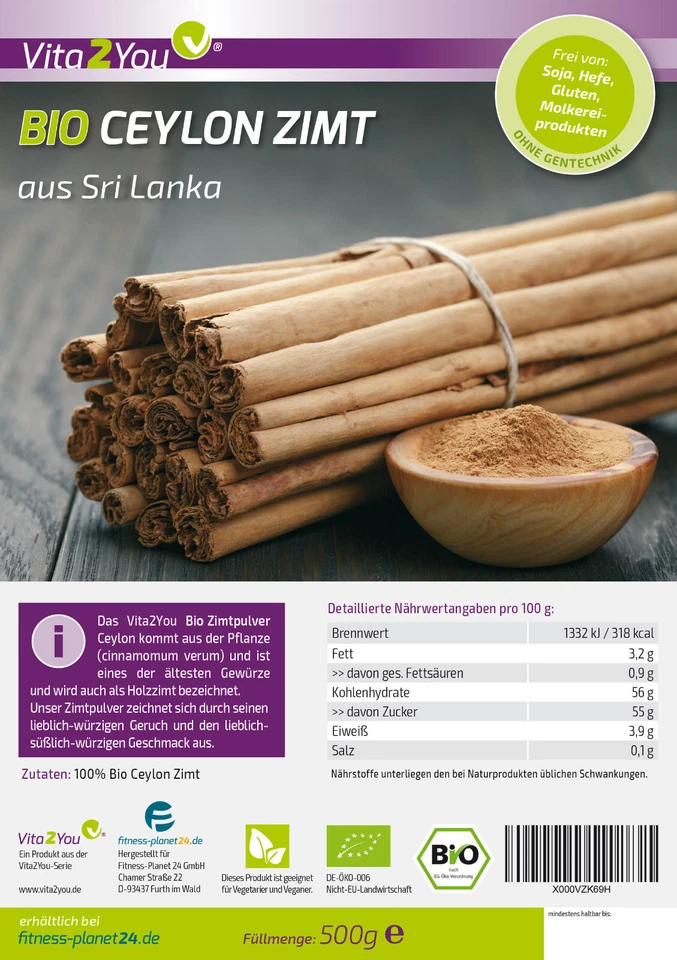 Vita2You Bio Ceylon Zimt 500g - 100% Ökologischer Anbau - Zimt-pulver gemahlen - Bild 2 von 2