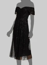 $630 Teri Jon by Rickie Freeman Women's Black Sequin Off-Shoulder Dress Size 2