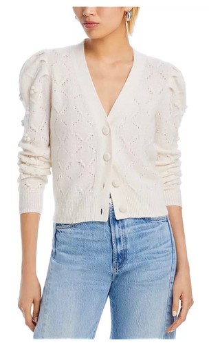 Luxurious 100% Cashmere Novelty V-Neck Cardigan By Aqua in Ivory XL