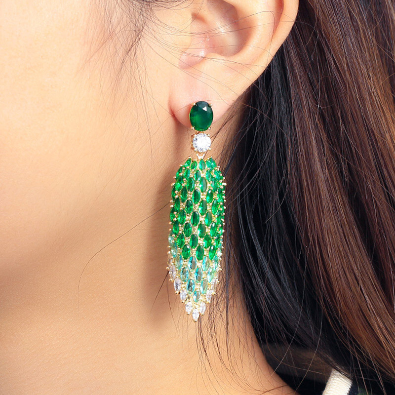 Elegant Gold Plated Green Blue Cubic Zirconia Long Drop Earrings for Women Party