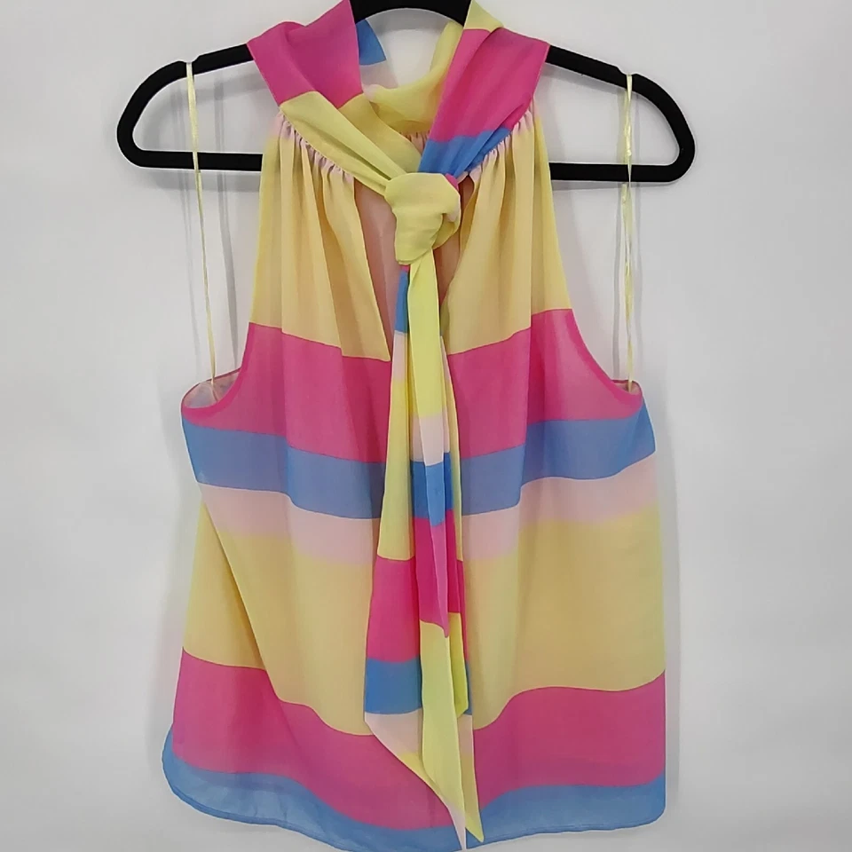 1 State Top Feminino Grande Multicolorido Listrado Chiffon Laço Traseiro Fechadura Gola Alta - Imagem 2 de 4