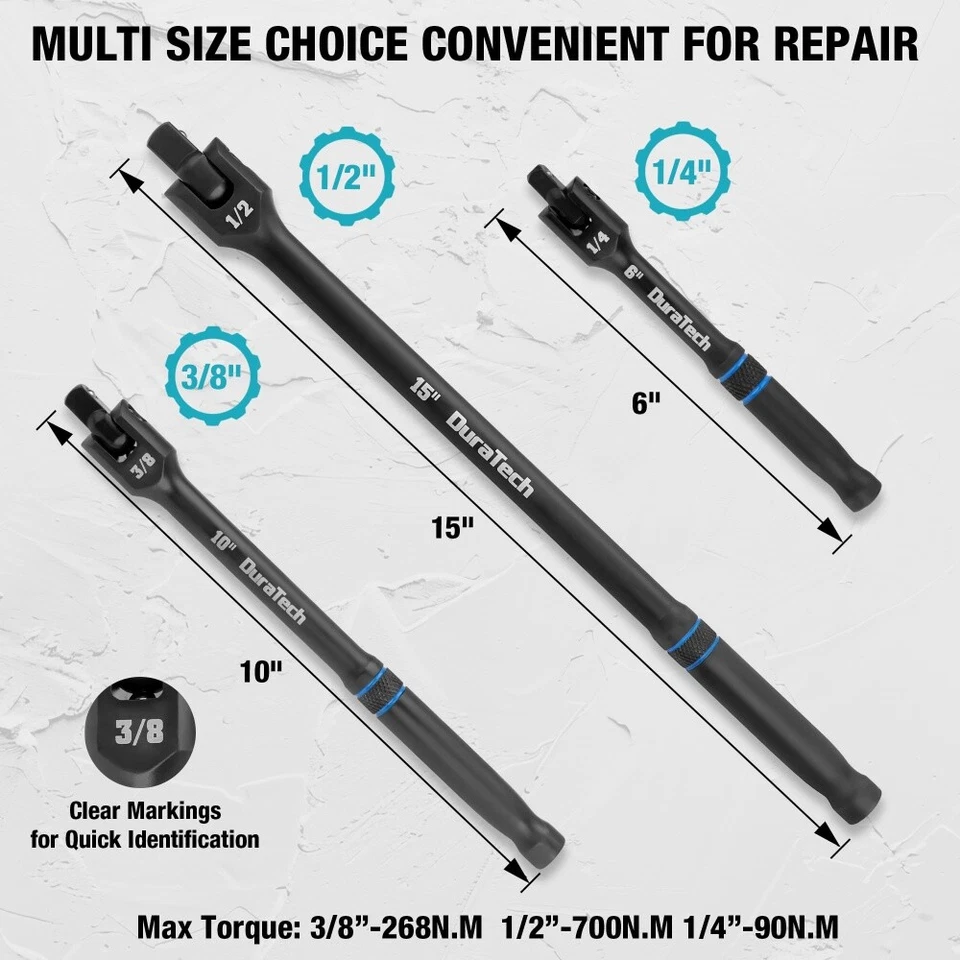 DURATECH 3PCS 6" 10” 15" Breaker Bar Set 1/4" 3/8" 1/2" Drive 180°Rotatable Head - Image 3 of 4