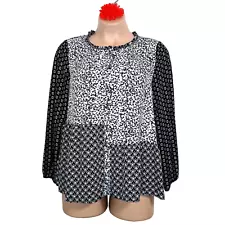 LOGO Lori Goldstein Women Button Up Top L Gray Black Floral Mixed Print Artsy