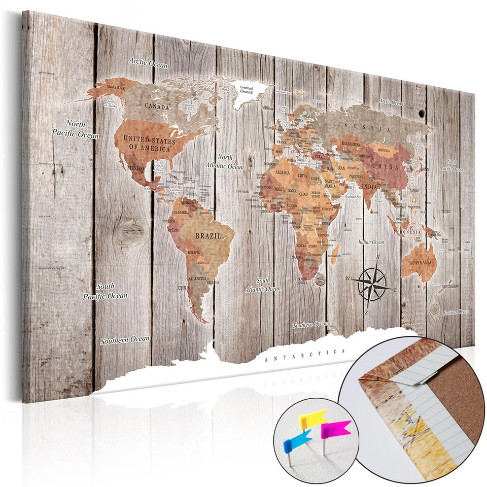 Holzoptik WANDBILDER BILDER WELTKARTE PINNWAND LEINWAND XXL ENG HOLZFASERPLATTE - Bild 1 von 1