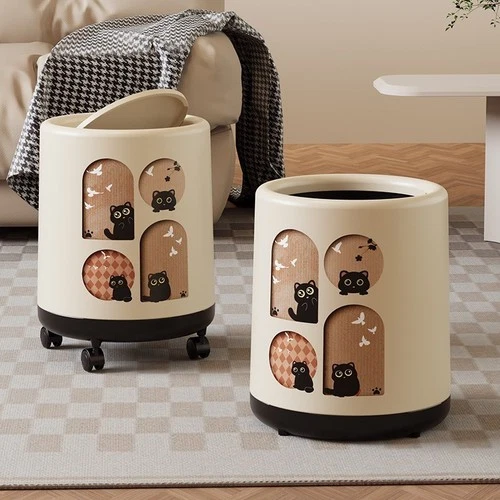 12L Cartoon Trash Can w/ Lid & Wheel, Small Cute Cat Themed Bin w/ Odor Control - Picture 6 of 7