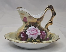 Vintage Enesco Japan Mini Wash Basin Bowl Plitcer Set Roses Flower Gold Trim