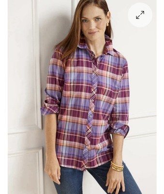 Talbots Women s Purple Plaid W/Gold Thread Accents Cotton Button Up; Sz. MP