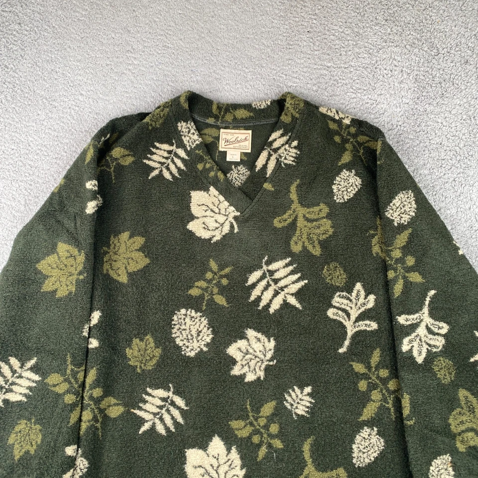 Vintage Woolrich Sweater Womens Large Green Floral Fleece V-Neck USA Made - Image 2 of 4