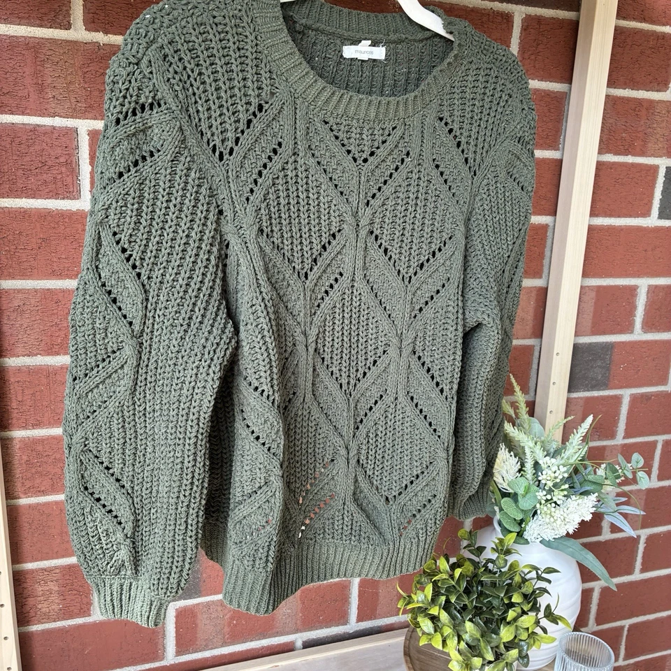 Olive Green Chunky Cable Knit Ribbed Sweater Size Medium 90s Preppy Academia - Image 2 of 4