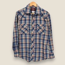 Vintage Wrangler Pearl Snap Western Shirt Men Medium Beige Blue Plaid Cotton