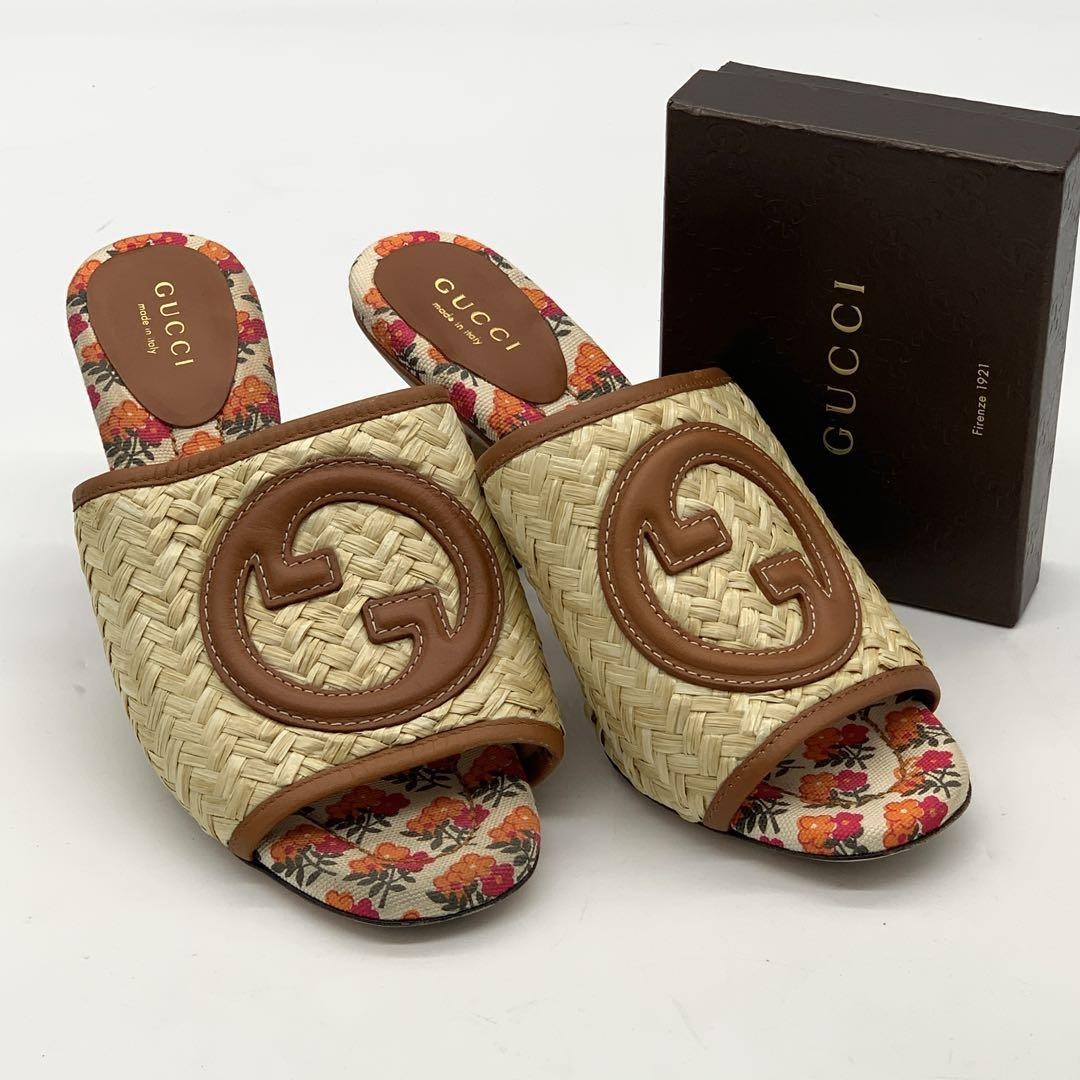 APL Gucci sandali floreali rafia ad incastro logo GG beige tacco 1 5 pollici taglia US6