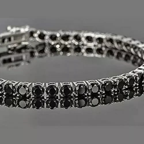 14K White Gold Plated 8Ct Lab Created Round Black Diamond Men's Tennis Bracelet - Picture 1 of 3