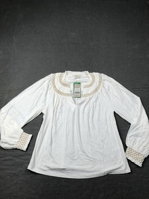 Boden Top Womens 6 White Embroidered Balloon Sleeve Smocked Cuff Boho Blouse