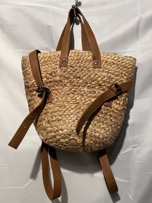 XIX Palms Brown Woven Backpack Straw Beach Purse Bag Insulated 12 x10 Adjustable