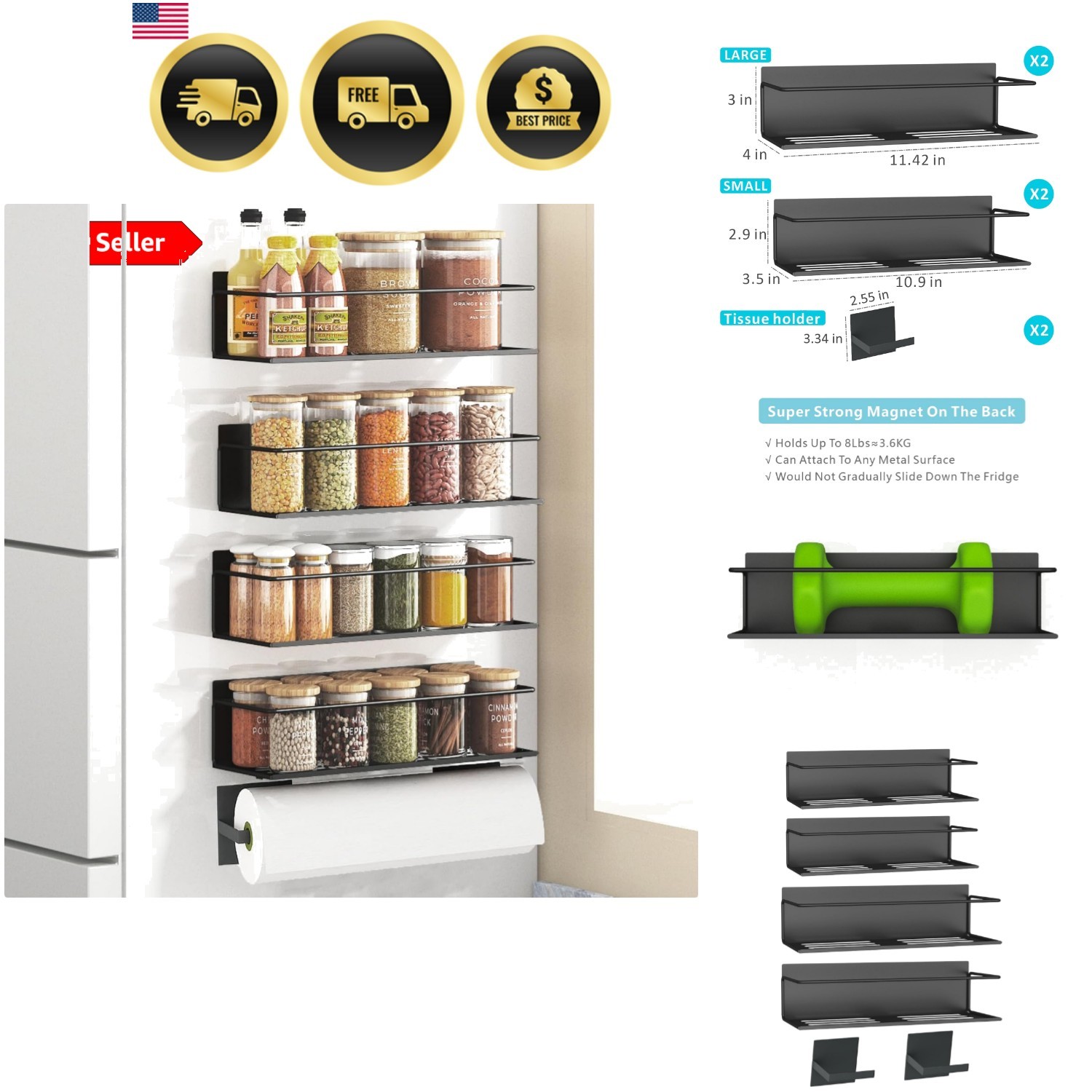 Magnetic Spice Rack For Refrigerator, Magnetic Fridge Shelf For Kitchen, Magn...