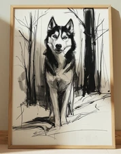 SIBERIAN HUSKY INK DRAWING PRINT SKETCH 8" x 10" DOG WALL ART