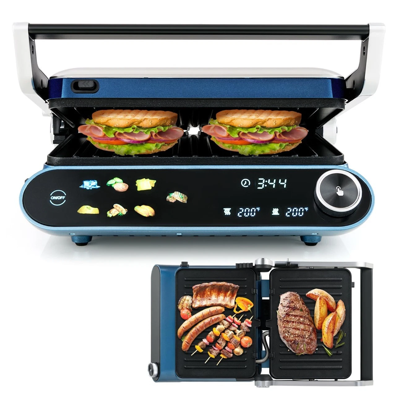 COSTWAY Panini Press, 1200W Sandwich Maker with LED Touch Panel, Non-Stick Coate