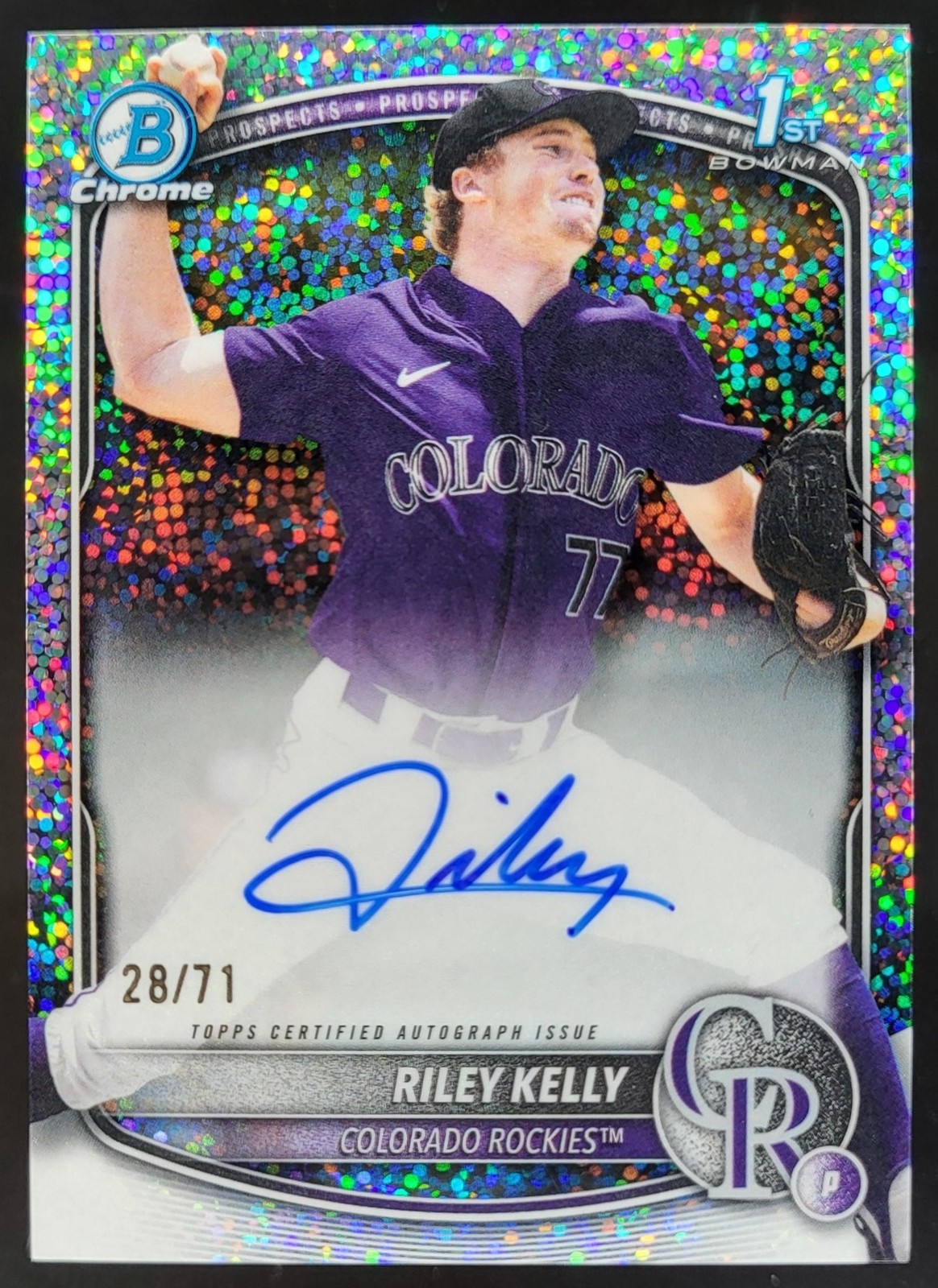 2025 Bowman Draft Riley Kelly Chrome Auto Sparkle Refractor /71 1st Rockies MS2
