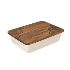 Pioneer Woman Vintage Lace 9" x 13" Ceramic Baker Acacia Wood Lid Linen