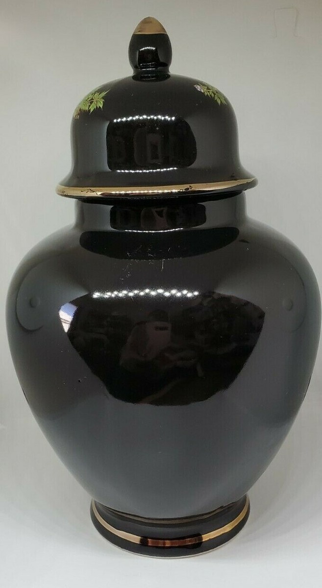 Vintage Interpur Black Japanese Floral Vase Ginger Jar Urn Lid