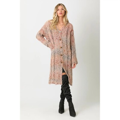 Mystree Long Sleeve V-Neck Button Down Cardigan in Latte Mix - Sz S - NWT