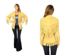 Women Yellow Sweden Leather Coat Native American Fringes Jacket Style