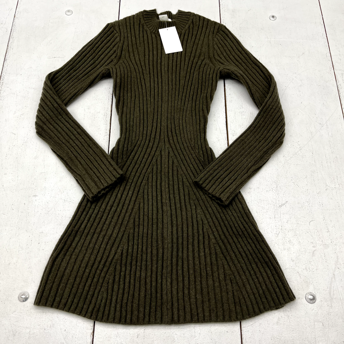 H&M Green Ribbed Knit Long Sleeve Fit & Flare Dress Women's Size X-Small NEW