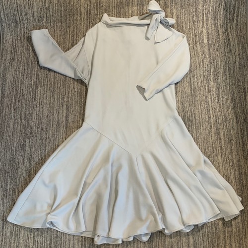 Vintage 60s 70s Dress Medium Tie Neck Flared Hem Light Gray Flapper Style