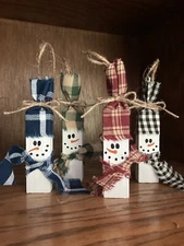 Primitive Snowman Ornaments Set Of 4 Farmhouse Christmas Country Rustic Decor
