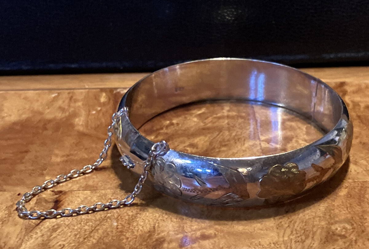 Vintage 925 Sterling Silver Floral Etched Bangle Bracelet 20.5