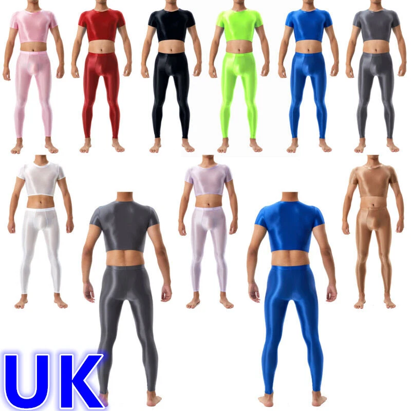 AU Men's Glossy Outfits Slim Fit Crop Top with Pants Fitness Workout Sportswear