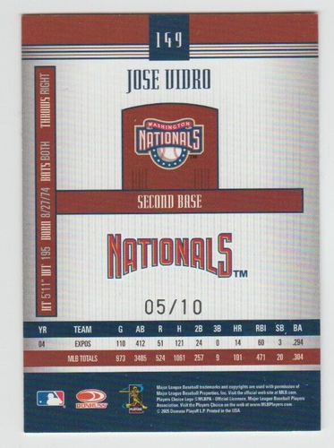 JOSE VIDRO 2005 Donruss Signature CENTURY PROOFS PLATINUM #149 SP #05/10 SSP - Picture 2 of 2