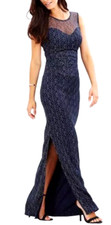 Navy Gold Lace Maxi Dress 12 Side Slit Party Evening Wedding Occasion Prom
