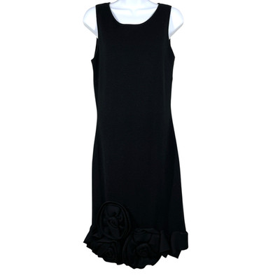 Etcetera 100% Wool Midi Dress Womens M Black Knit Sleeveless Floral Ruffle Hem