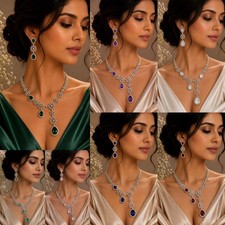Silver Plated CZ Crystal Teardrop Choker Necklace & Earrings Bridal Jewelry Set