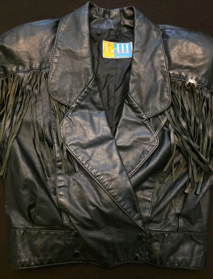 Vintage G-III Black Leather Fringe Jacket Womens Medium* Concho Western Biker US - Image 2 of 4