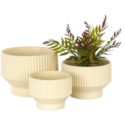 10'', 8'', 7''W Wide Cream Ceramic Planter with Linear Grooves and Tapered (3Count)
